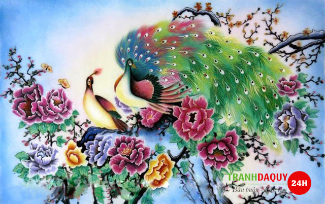 Tranh đá quý đôi công uyên ương T268
