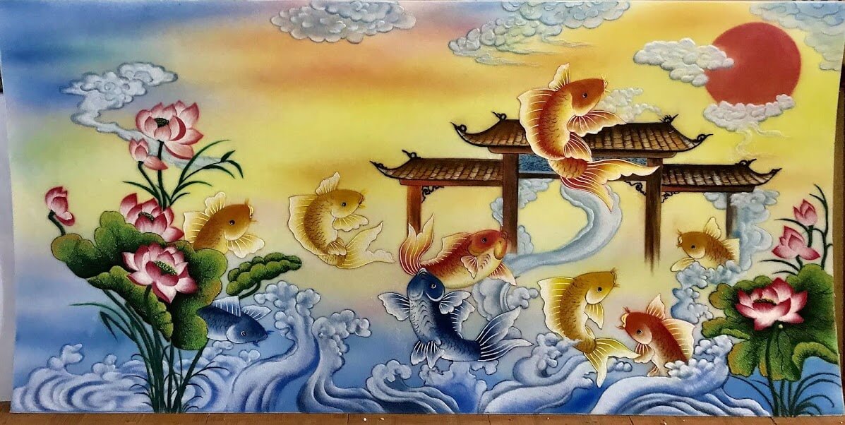 Tranh đá quý cá chép vượt vũ môn T253