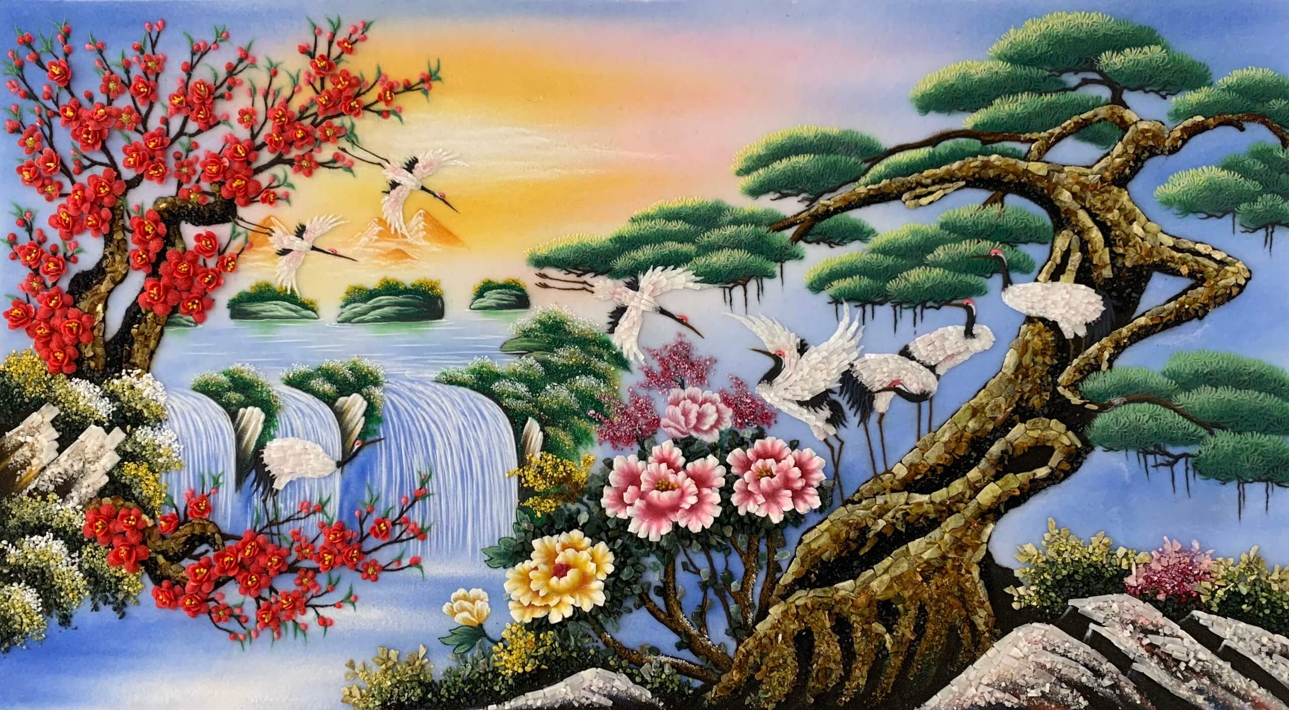 Tranh đá quý bát hạc du xuân T54
