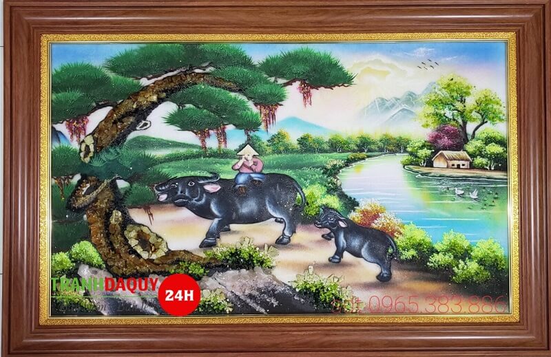 Tranh đá quý Kỳ ngưu quy gia V66