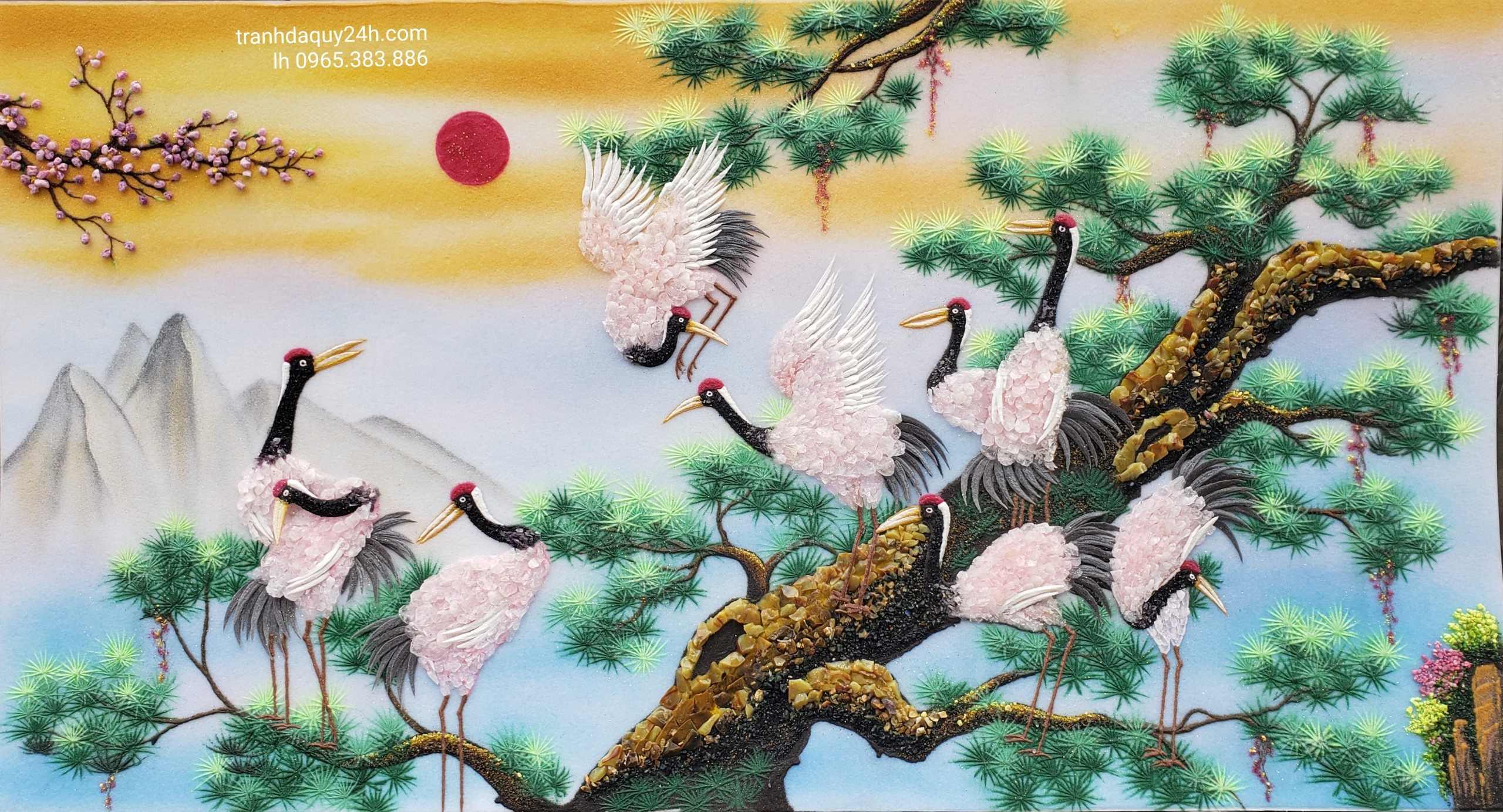 Tranh đá quý tùng hạc diên niên T88