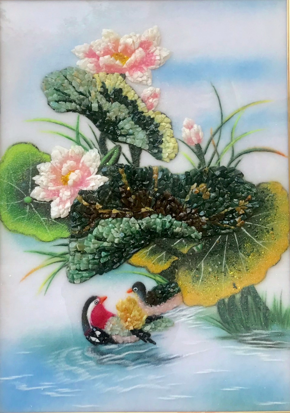 Tranh đá quý hoa sen xếp nổi V73