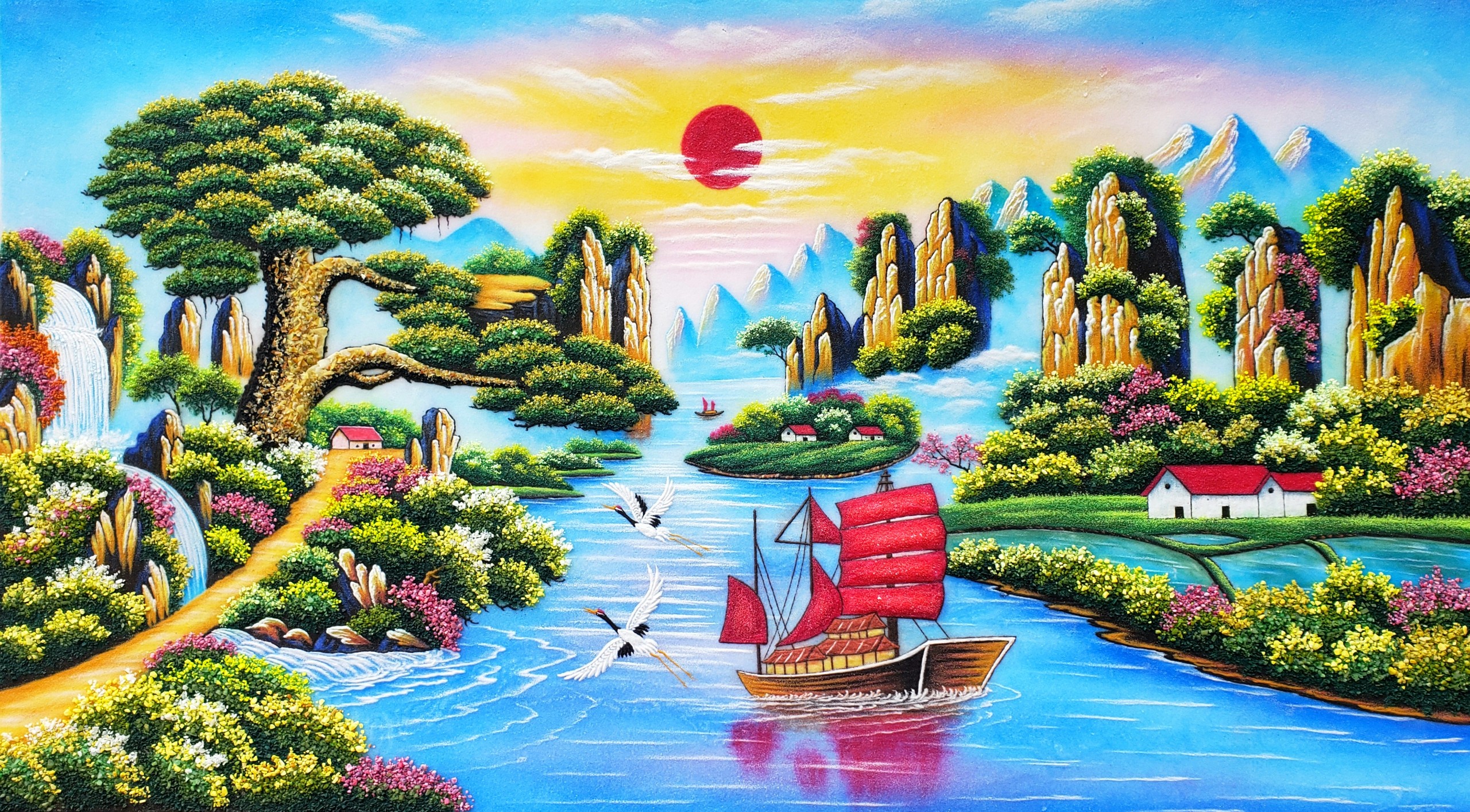 Tranh đá quý tùng nghênh khách T06