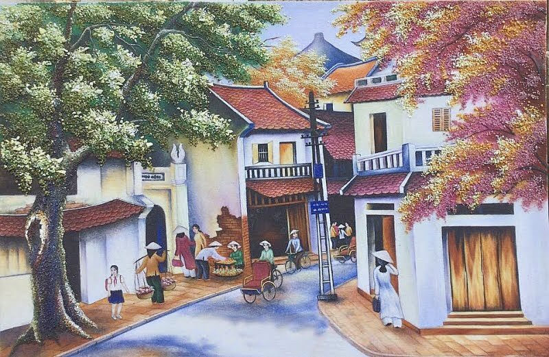 Tranh đá quý phố cổ hà nội N136