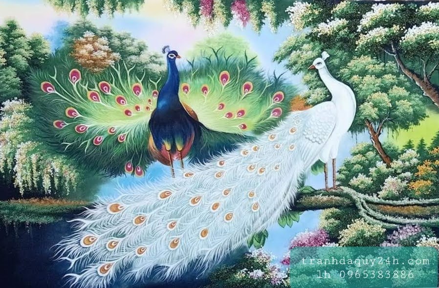 Tranh đá quý đôi công uyên ương V17